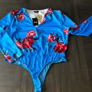 Sexy Date Night Bodysuit | Blue Floral Long Sleeve Bodysuit Vneck Brunch